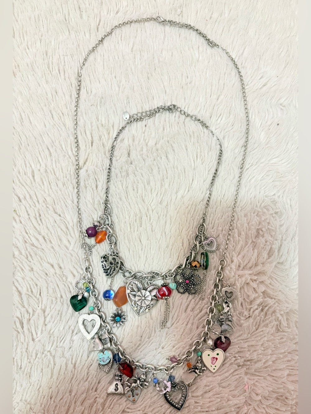 VTG Whimsigoth Multi Strand Charm Necklace Chunky Silver Y2K Fairycore Heart Set